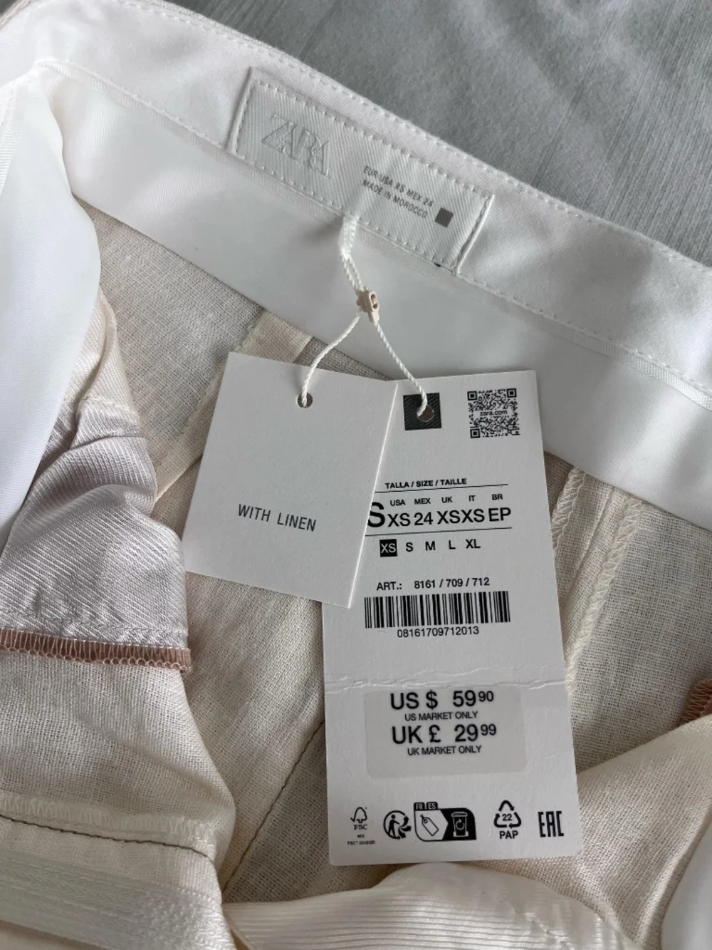 NWT Zara XS Straight Leg Linen Pants Ecru with Light Brown Contrast Stitching